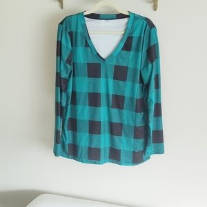 Green and Black Plaid Vneck Top